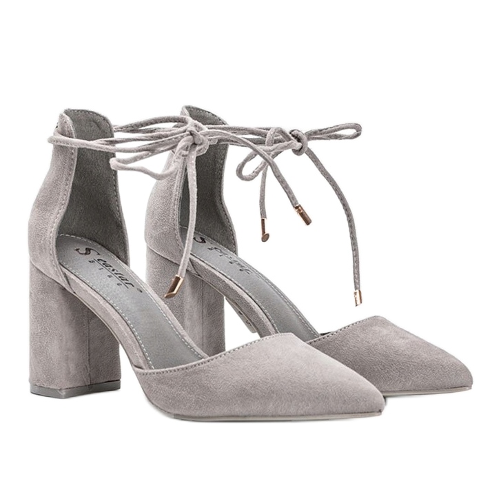 Gray lace-up pumps on the Macey post grey 1