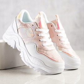 Weide Eco Leather Snake Print Sneakers white pink 2