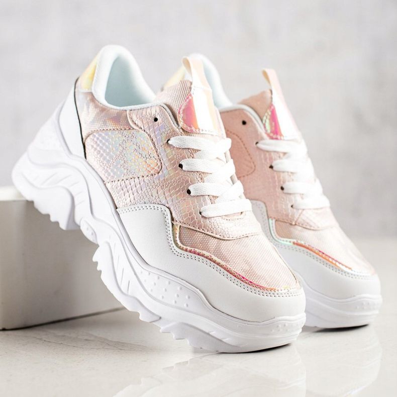 Weide Eco Leather Snake Print Sneakers white pink 2