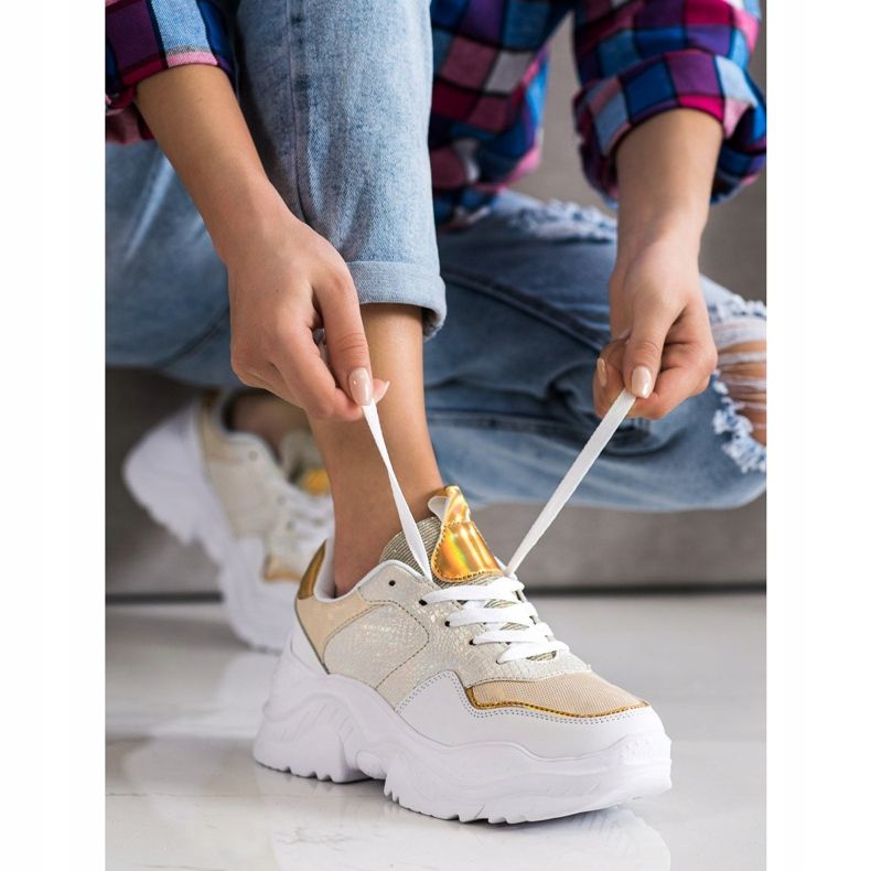 Weide Eco Leather Snake Print Sneakers white golden 2