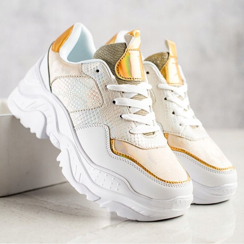 Weide Eco Leather Snake Print Sneakers white golden 1