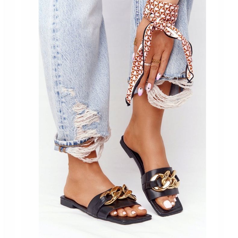 Leather Slippers With A Chain Black French Kiss 2