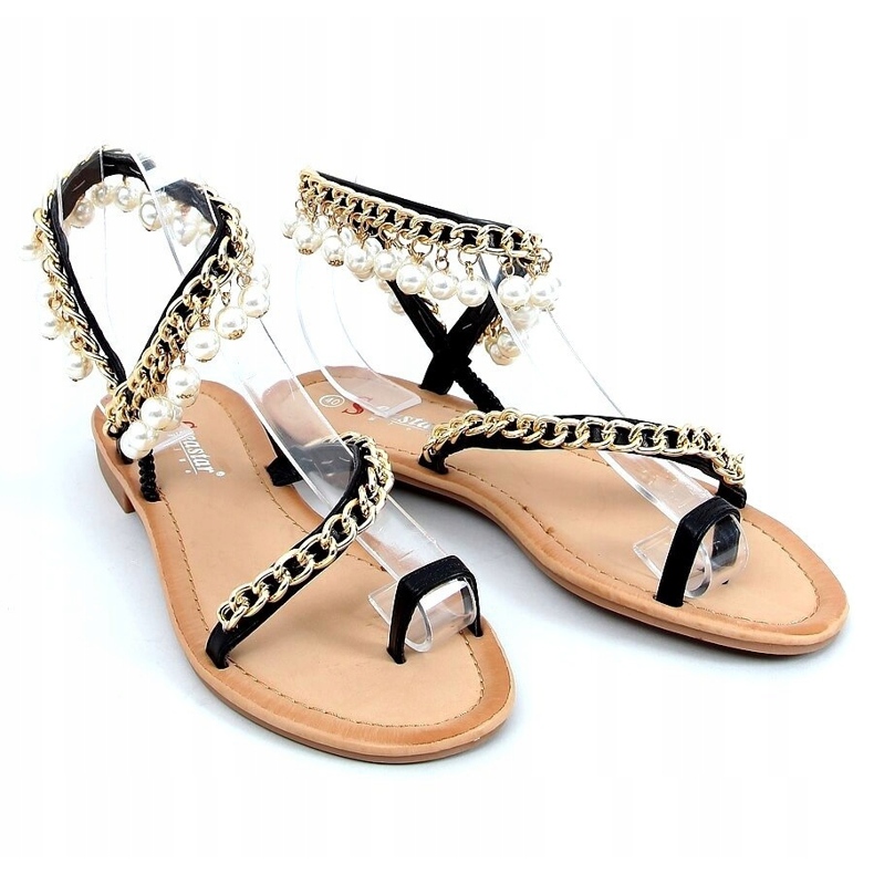 Black flip-flops with pearls JH186P Black golden 2
