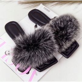 Leather Slippers With Fur Black and White Love You So 2