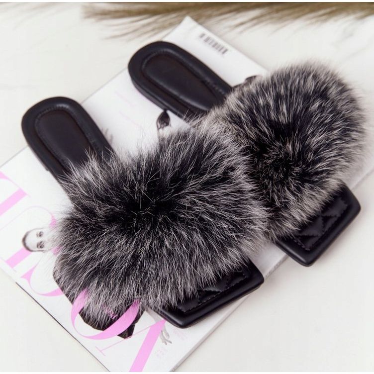 Leather Slippers With Fur Black and White Love You So 2
