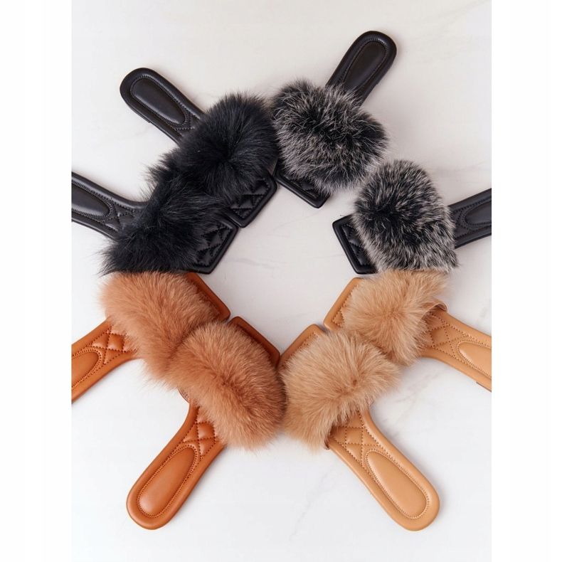 Leather Slippers With Fur Black and White Love You So 1