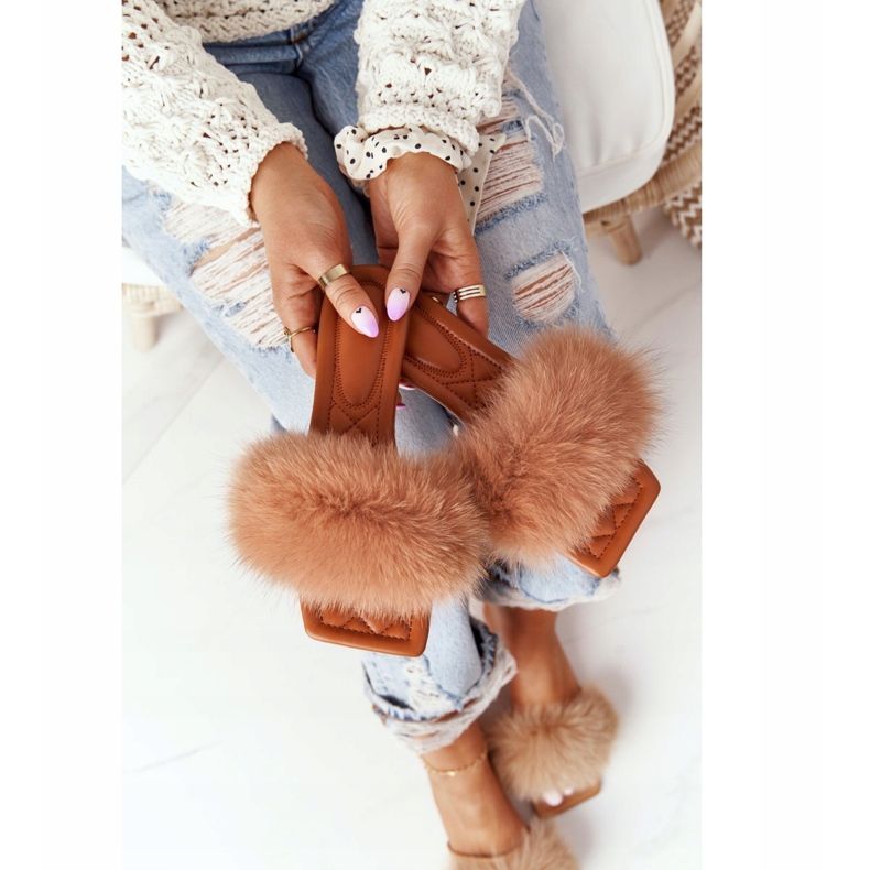 Leather Slippers With Fur Camel Love You So brown 1