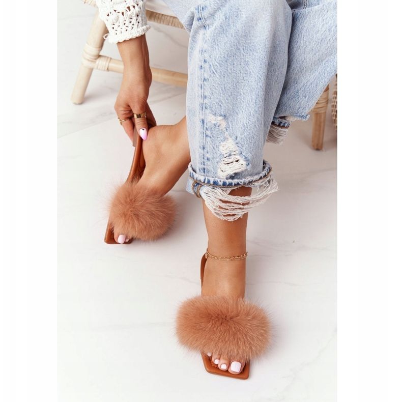 Leather Slippers With Fur Camel Love You So brown 2