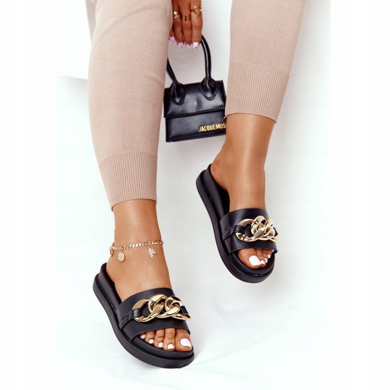 Black Vacation Platform Slippers With Chain golden 2