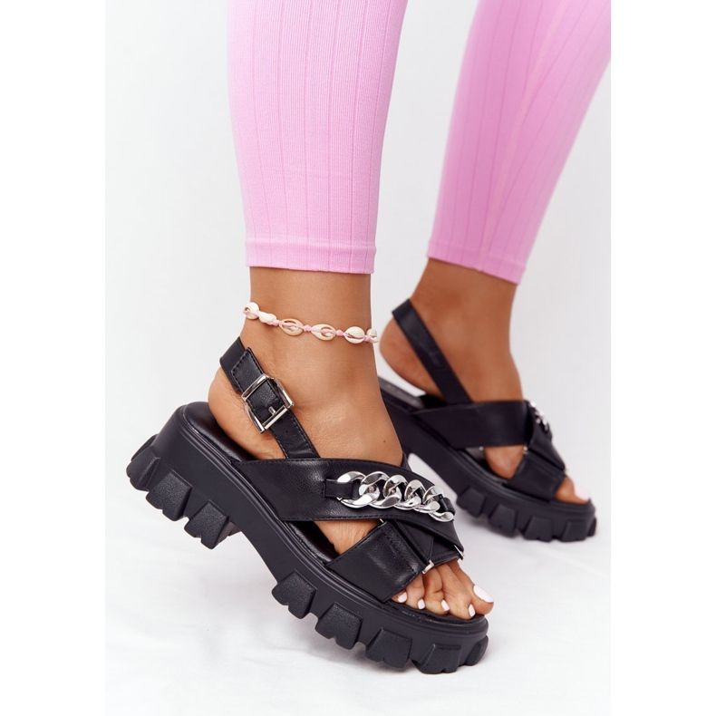 Black Hollywood Platform Sandals With Chain 2