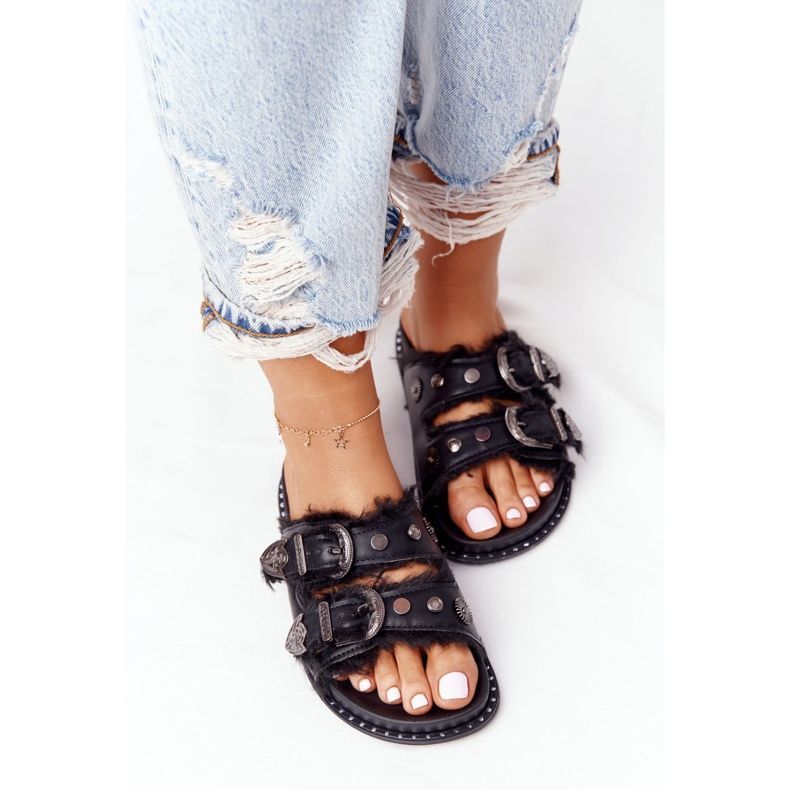 PS1 Slippers With Buckles And Fur Black Lydia 1