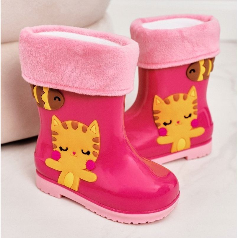 Children s pink warm rain boots with a kitty