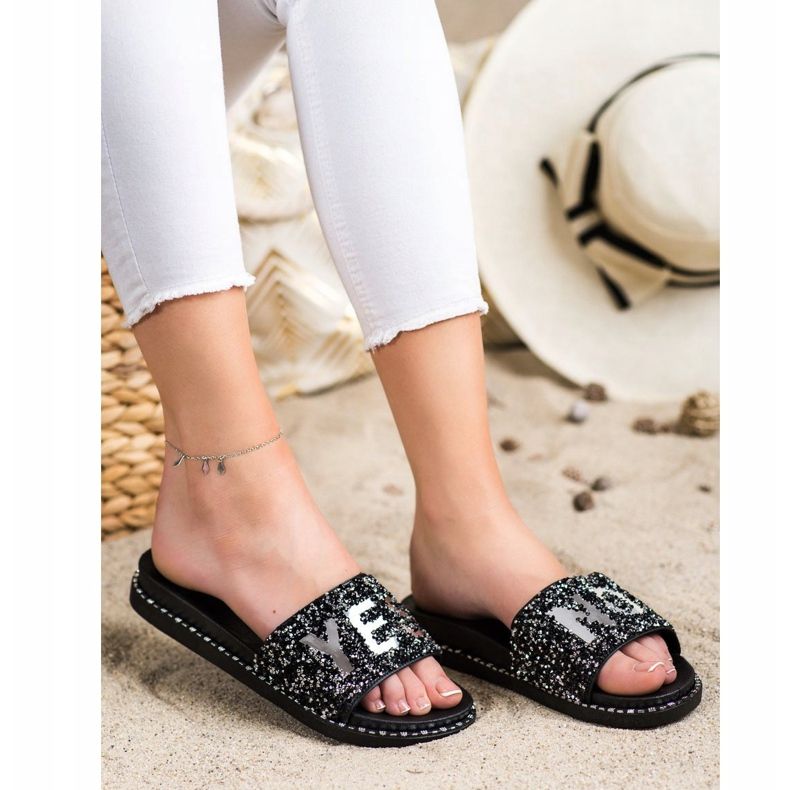 SHELOVET Fashionable Slippers With Crystals black silver 1
