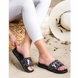 SHELOVET Fashionable Slippers With Crystals black silver 2