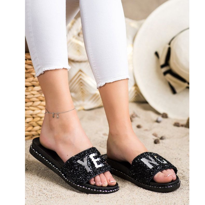SHELOVET Fashionable Slippers With Crystals black 2 SHELOVET Fashionable Slippers With Crystals black 2
