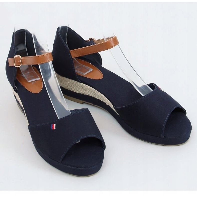 Tommy Sandals on a low wedge heel blue BL-362 Navy brown navy blue 1