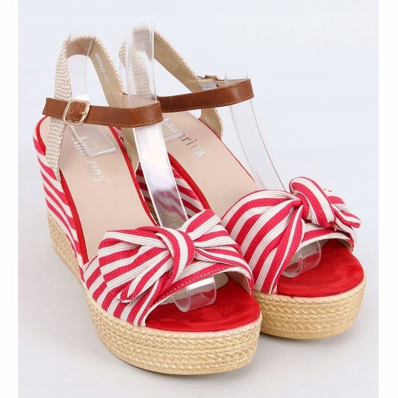 Red striped wedge sandals A89907 Red beige brown 1