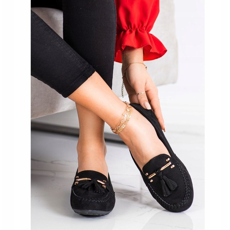 Queentina Fashionable suede loafers black golden 2