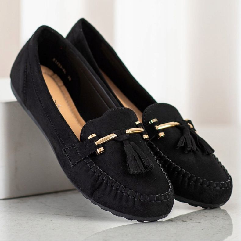 Queentina Fashionable suede loafers black golden 1