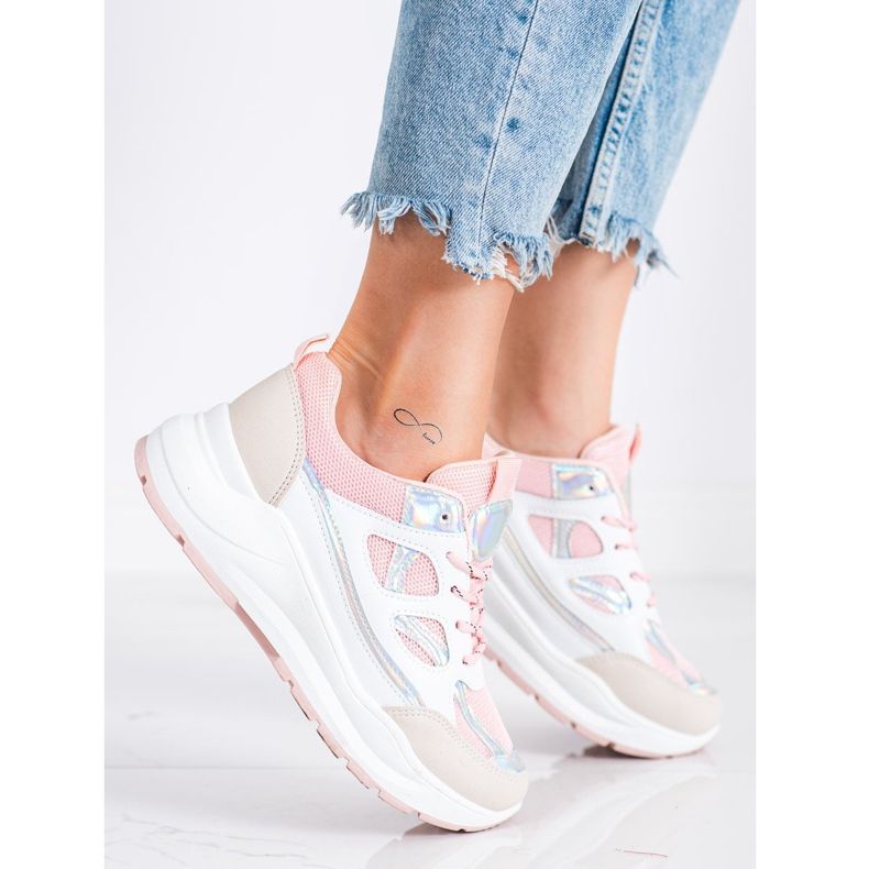 SHELOVET Stylish Sneakers beige white pink silver 1