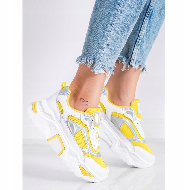 SHELOVET Sneakers On The Platform With Mesh white silver yellow 1