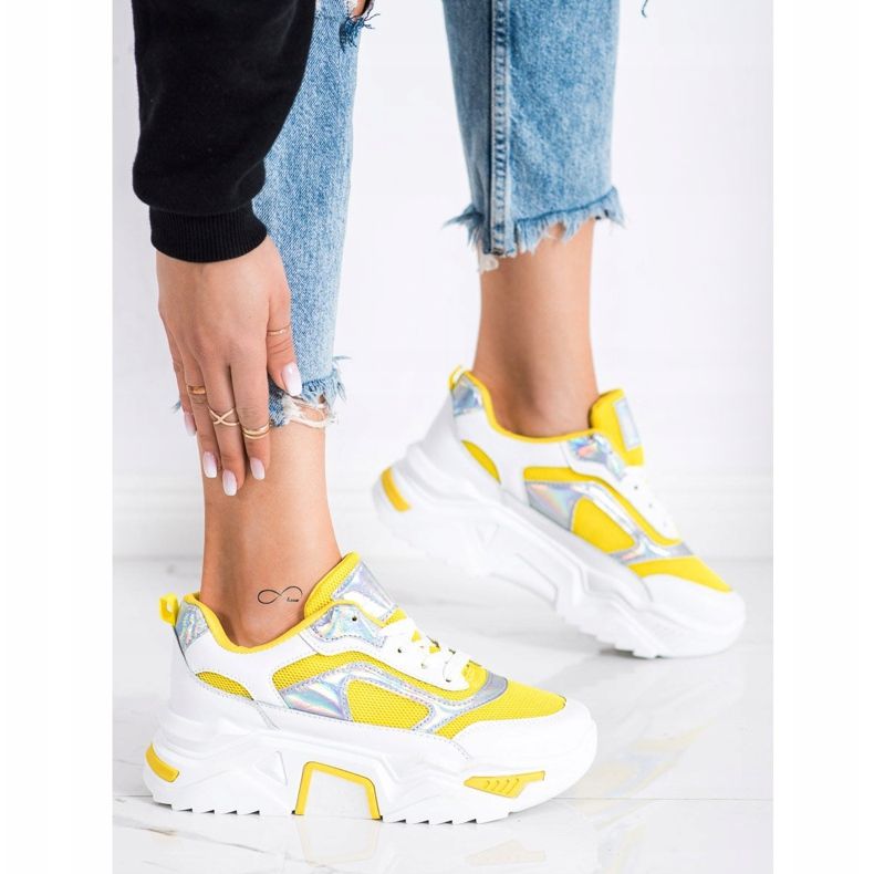 SHELOVET Sneakers On The Platform With Mesh white silver yellow 2