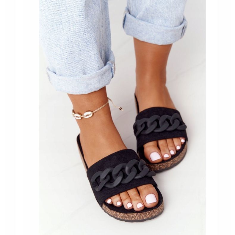 MSMG Black Makayla Suede Slippers On The Cork Sole 2