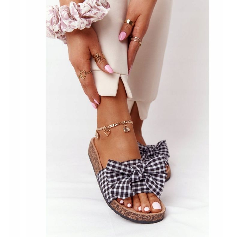 MSMG Slippers On Cork Sole With Amara Plaid Bow white black 1