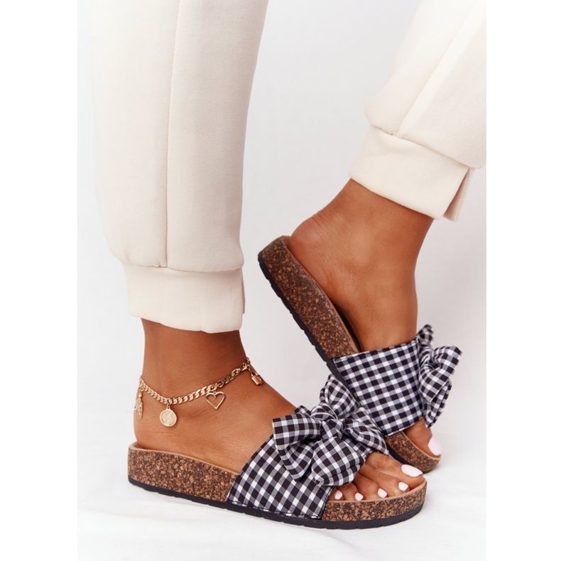 MSMG Slippers On Cork Sole With Amara Plaid Bow white black 2