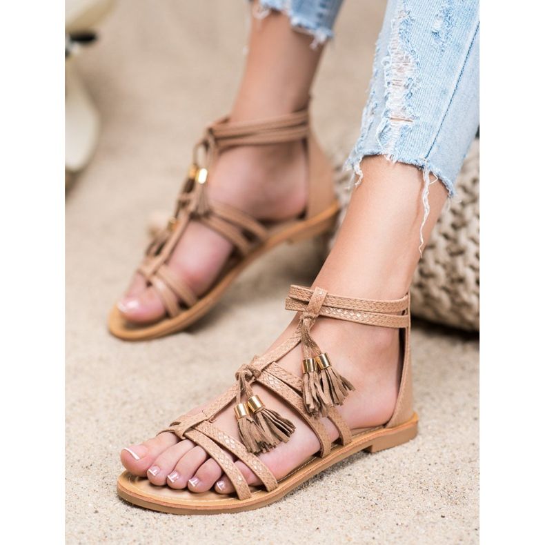 SHELOVET Brown Sandals With Fringes 1