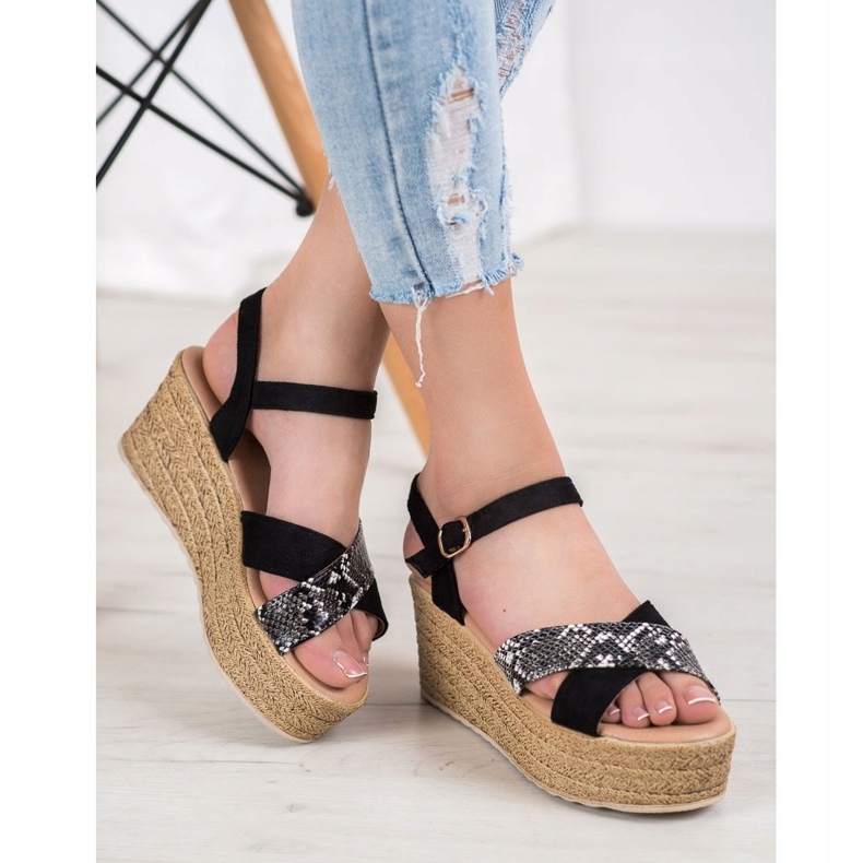 SHELOVET Wedge Sandals Snake Print black 2