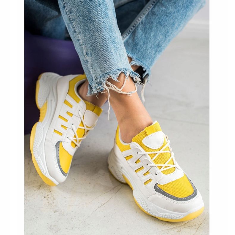SHELOVET Comfortable Sneakers With Mesh white grey yellow 2