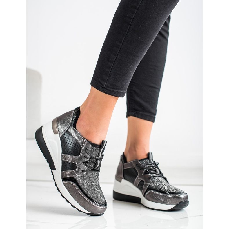 VINCEZA shiny leather sneakers black silver 1