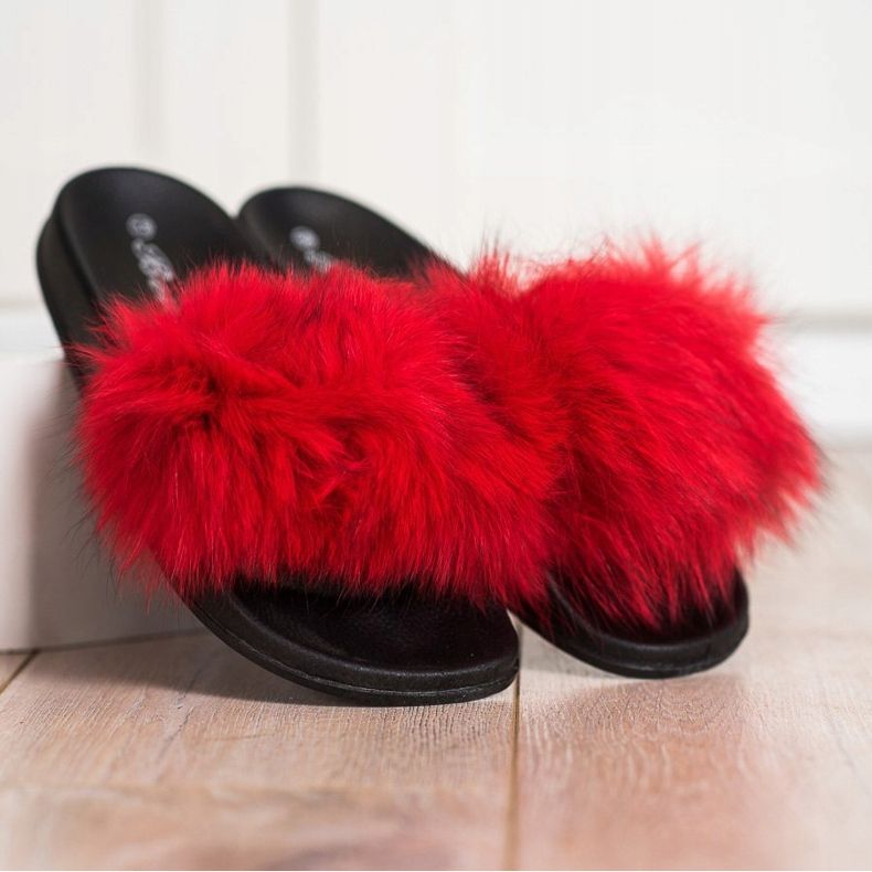 Bona Fashionable flip-flops with fur red 1
