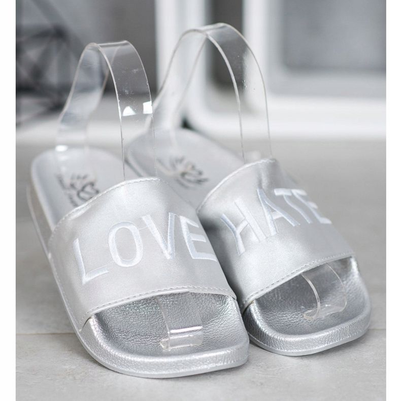 Small Swan LOVE &amp; HATE Eco Leather Slippers silver 2