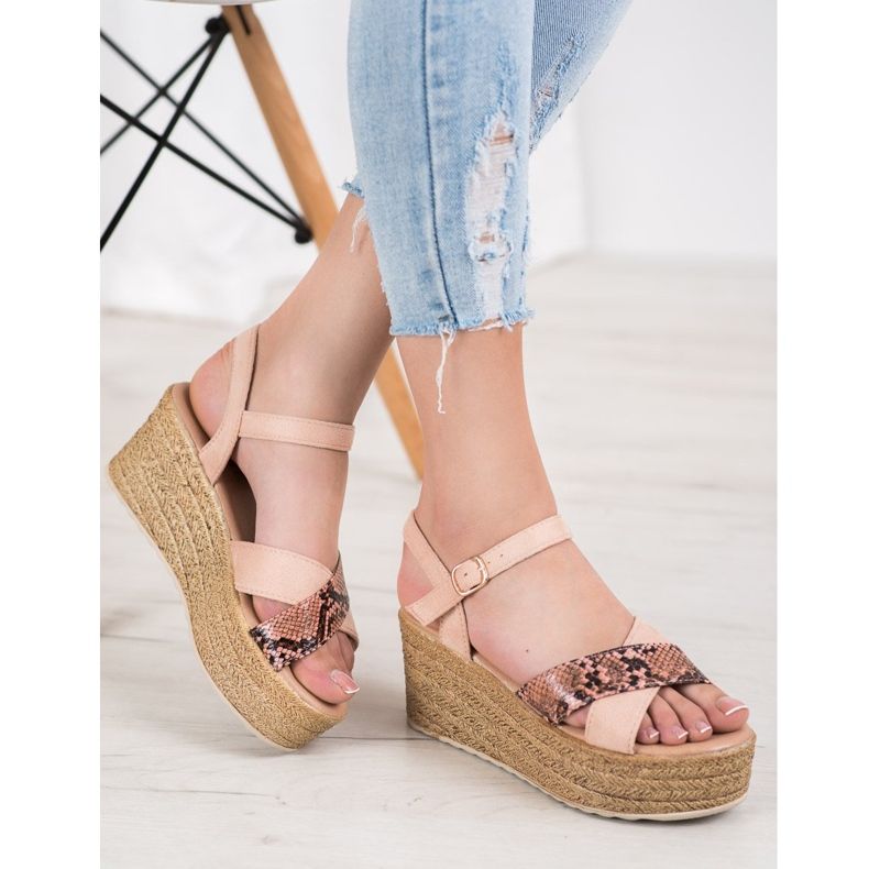 SHELOVET Wedge Sandals Snake Print pink 1