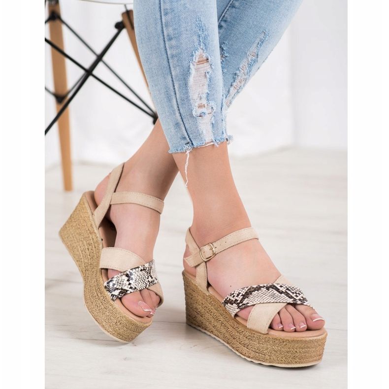 SHELOVET Wedge Sandals Snake Print beige 1