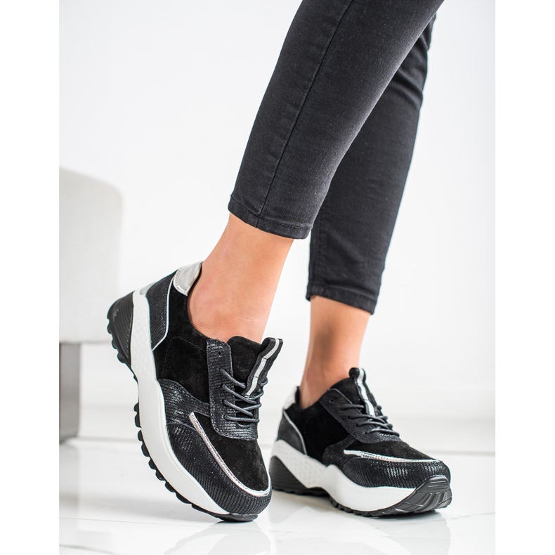 VINCEZA Black Leather Sneakers silver 2
