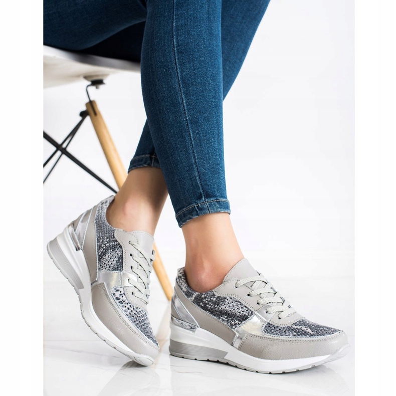 Goodin Gray Leather Snake Print Sneakers grey multicolored 1