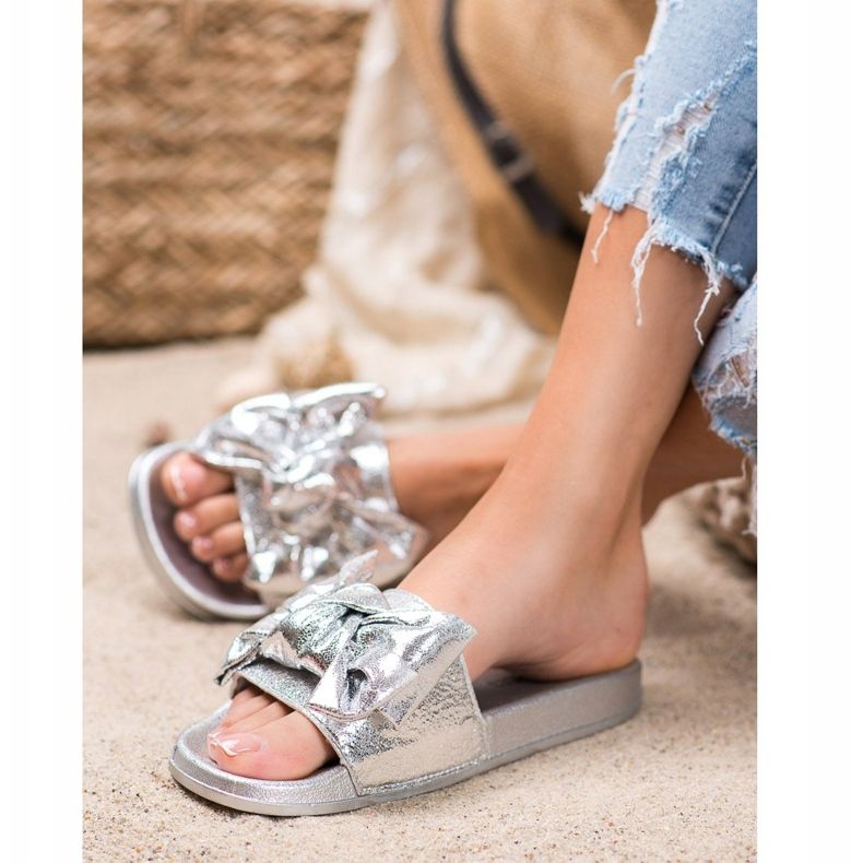SHELOVET Shiny Slippers With A Bow grey 1