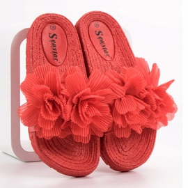 Seastar Red Slippers With Flowers 2