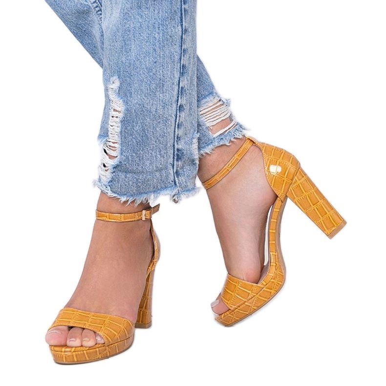 Mustard sandals on a post with Black Rose leather pattern yellow 1
