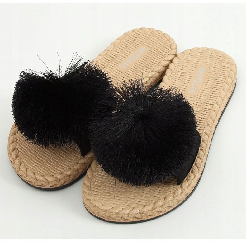 Black S-410 Black slippers with a pompom 1