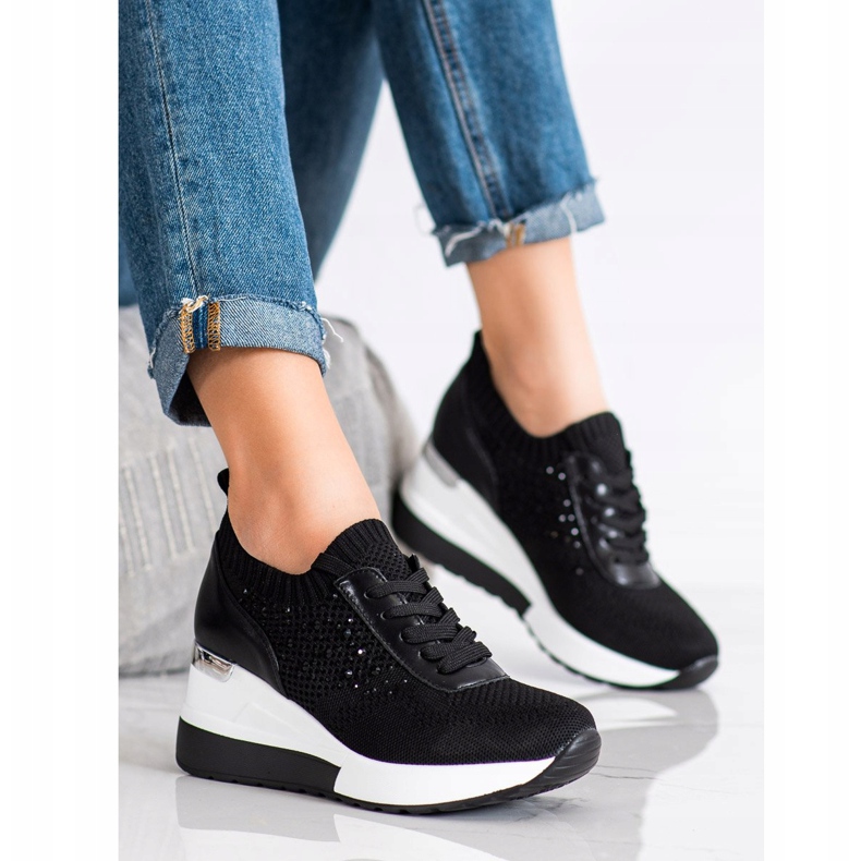 SHELOVET Wedge Sneakers With Crystals black 1