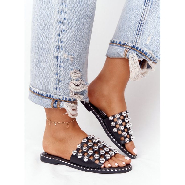 PS1 Openwork Leather Slippers With Rhinestones Black Alana 2