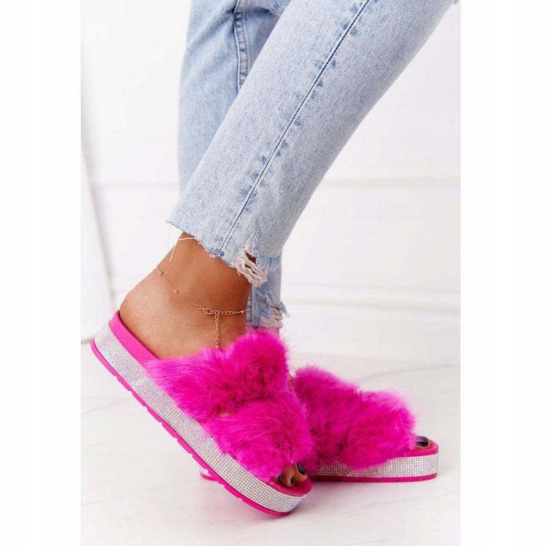 PS1 Slippers On The Platform With Fur And Cubic Zirconia Fuchsia Wow! pink 1