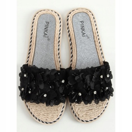 Black LS003 Black slippers with flowers 1