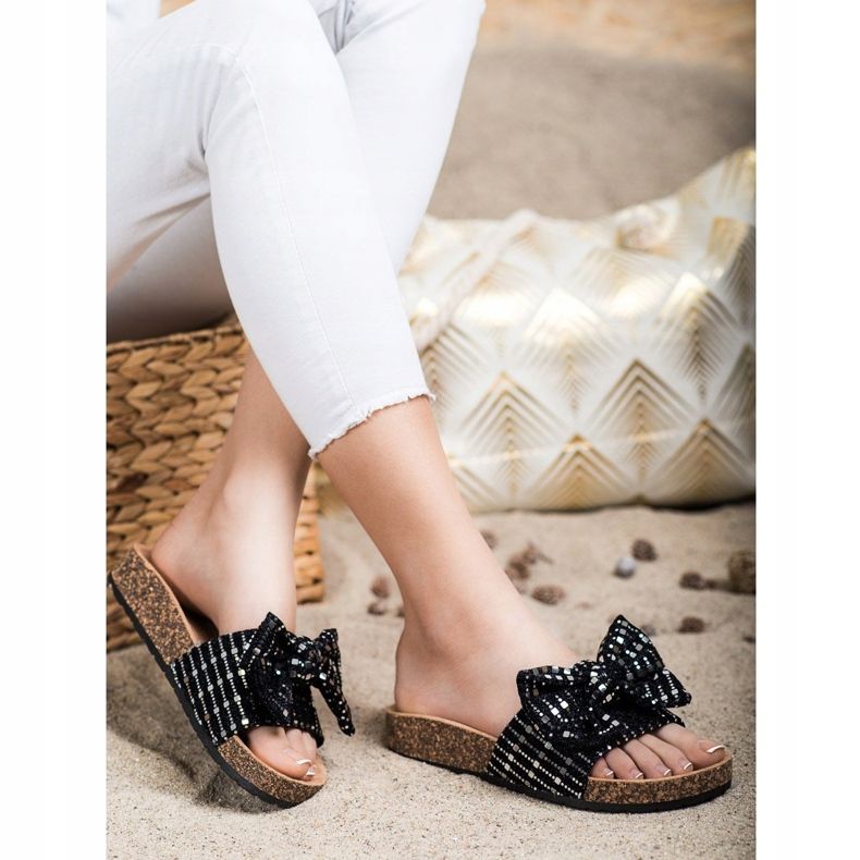 SHELOVET Glitter Slippers With A Bow black 2