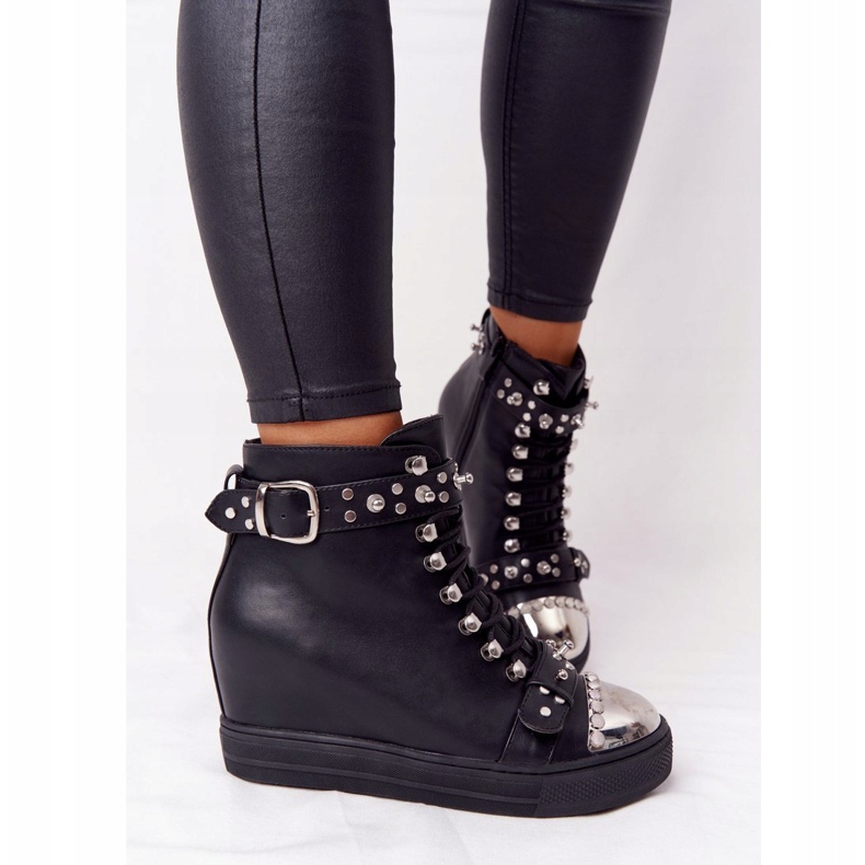 Black Lu Boo Black Boots On Wedge With Rhinestones 2