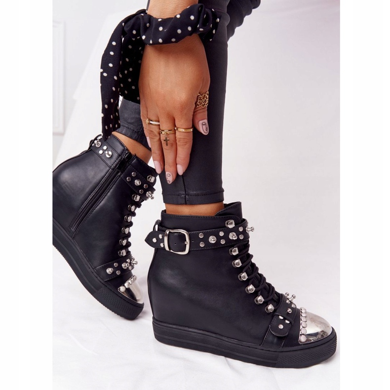 Black Lu Boo Black Boots On Wedge With Rhinestones 1